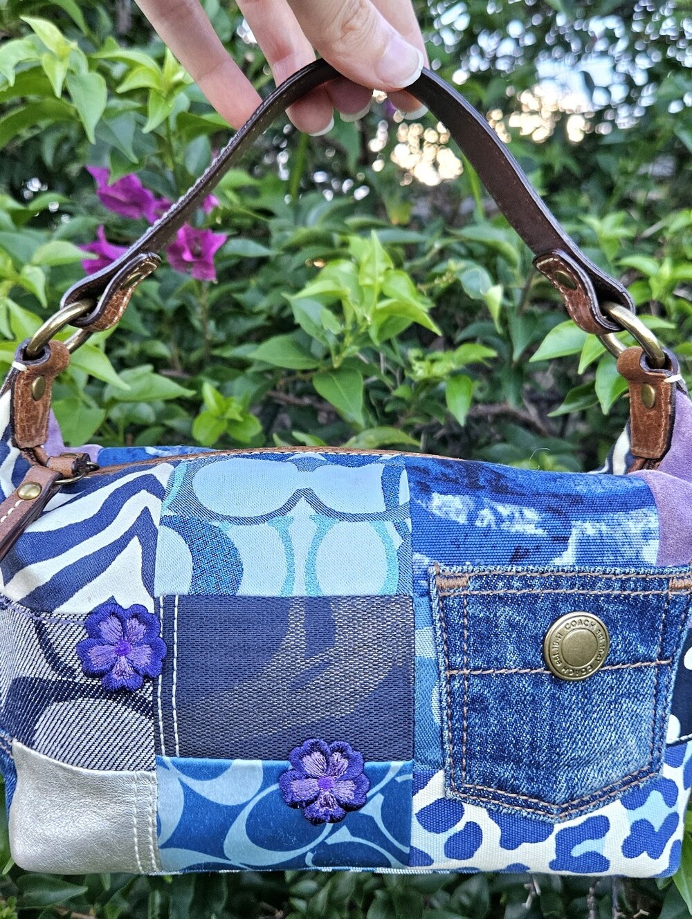 Vintage Coach Denim Patchwork Demi Mini Bag Floral Applique Y2K Blue